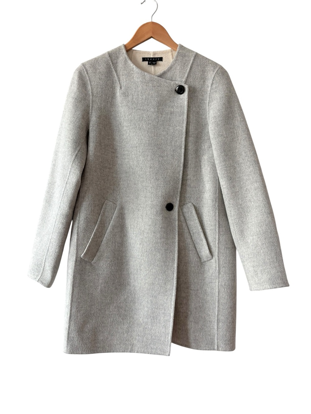 Theory Light Gray Asymmetrical Wool Cashmere Coat